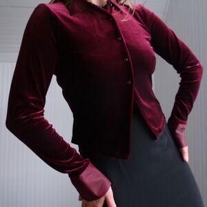 90s/y2k burgundy stretch velvet‎ button down shirt